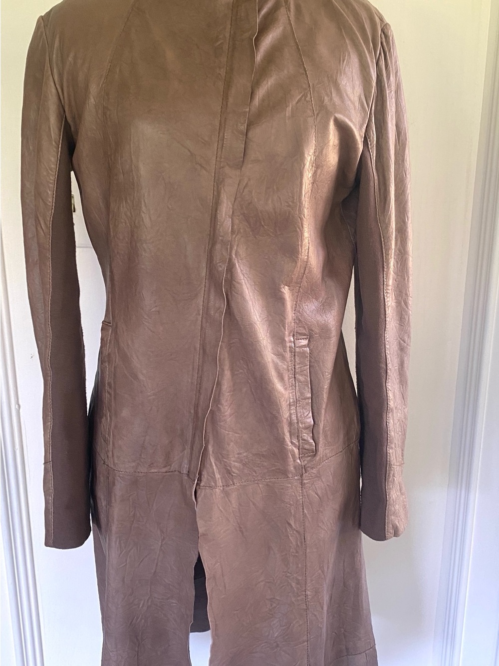 CIGNO NERO Women's Brown Leather Long Coat - Sleek Minimal Design size 42